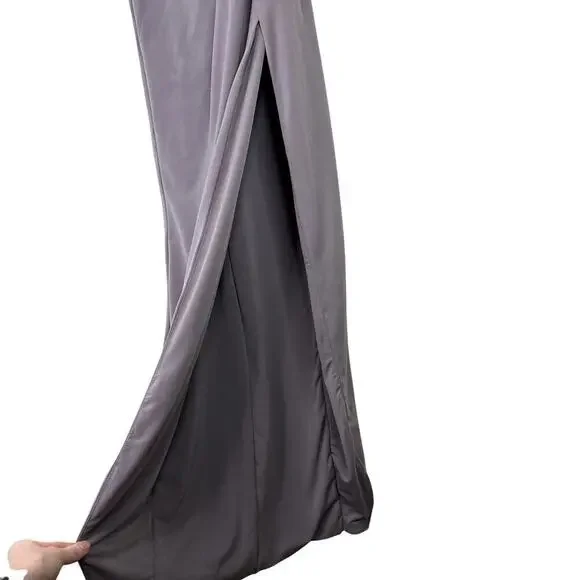 Nookie Aphrodite Gown One Shoulder Tie Waist High Slit XS Purple Gray Dress